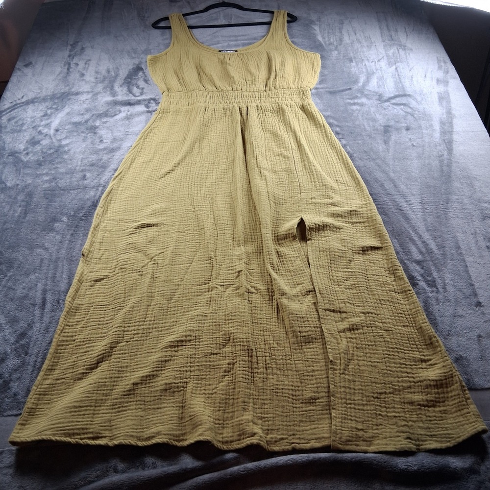 Steve Madden Maxi Dress Womens Large Olive Green Gauze Smocked Waist Side Slit - Picture 2 of 9